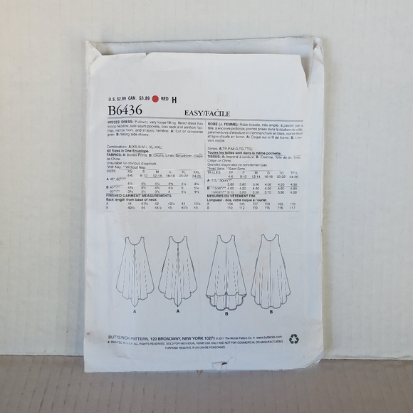 Butterick See & Sew Sewing Pattern B6436 Misses' Loose Fitting Dress - Uncut - Picture 6 of 6